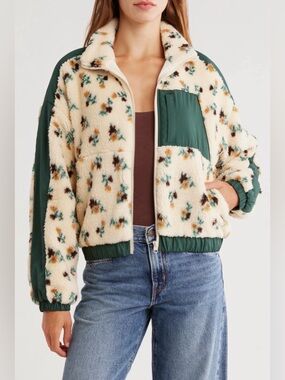 Thread & Supply Cream Floral Sherpa Bomber with Green Trim